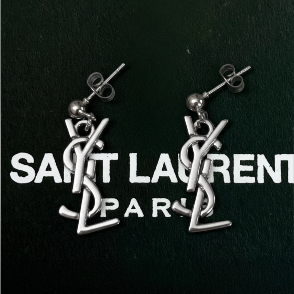 Yves Saint Laurent Silver Tone YSL Logo Drop Charm Stamped Earrings